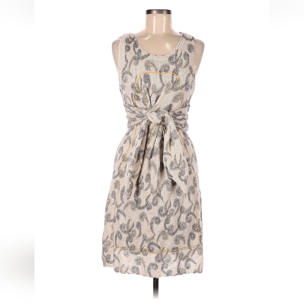 Sleeveless Cream Paisley Tie-Waist Mini Dress